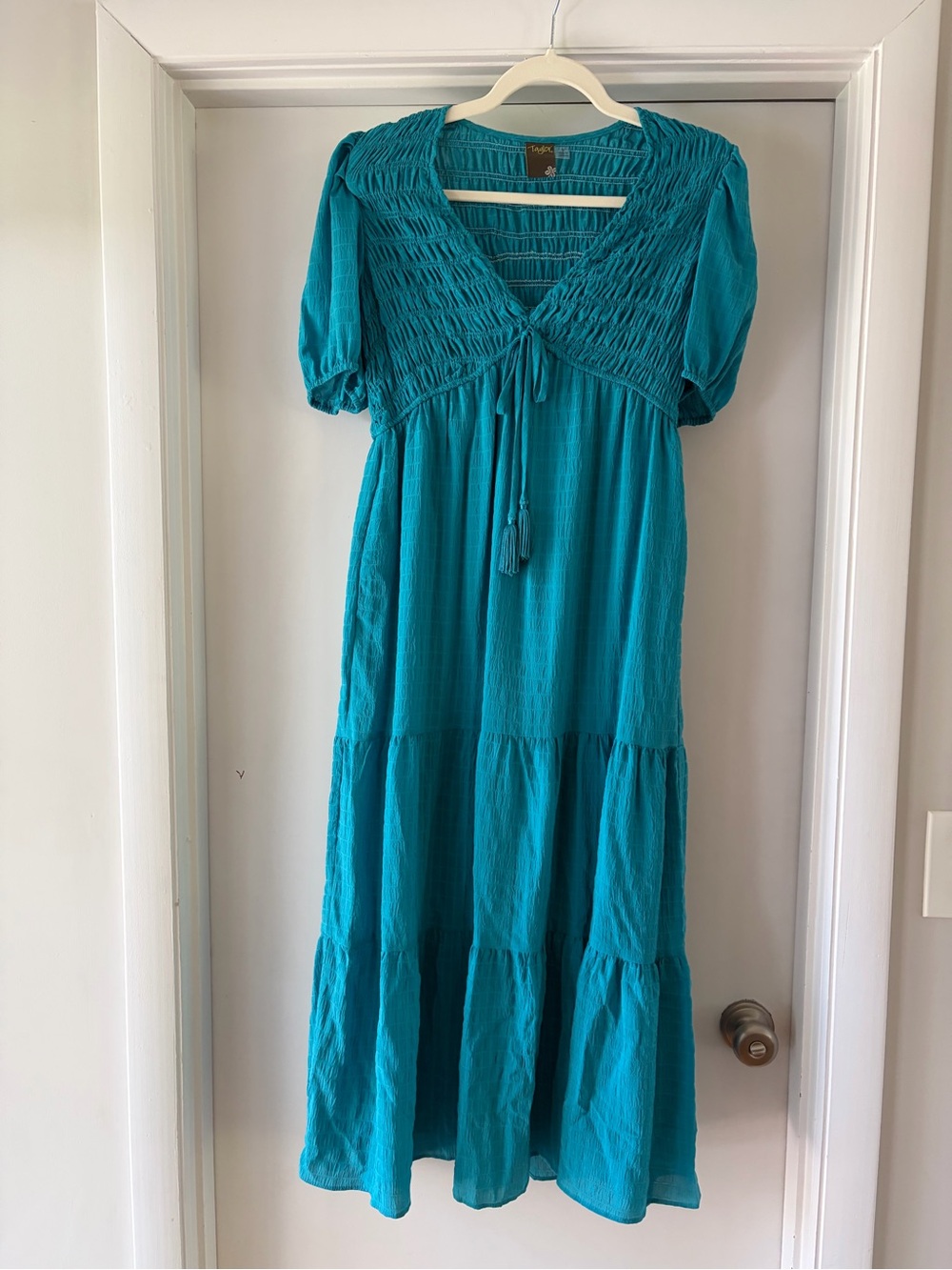 Taylor Teal Smocked V‑Neck Tiered Maxi Dress